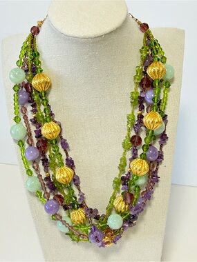 Vtg Joan Rivers Multi Strand Lavender & Soft Green Crystals & Gold Tone Beads
